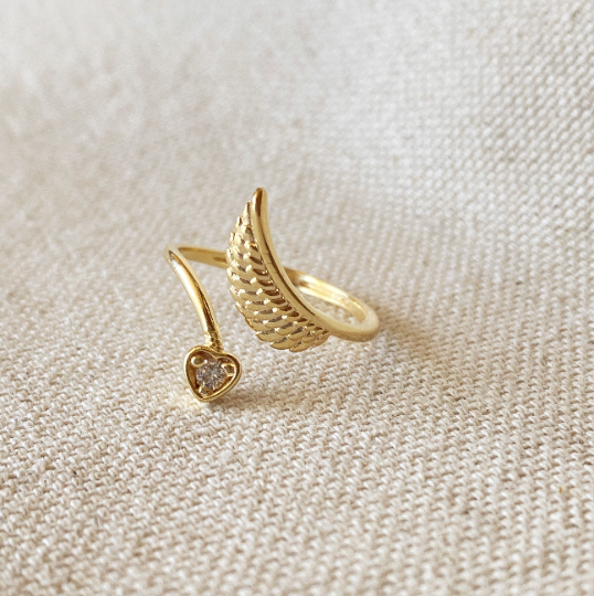 18k Gold Filled Adjustable Open Boho Ring Featuring Heart Wi