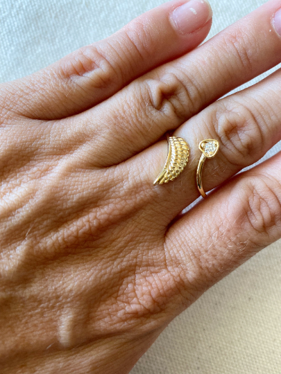 18k Gold Filled Adjustable Open Boho Ring Featuring Heart Wi