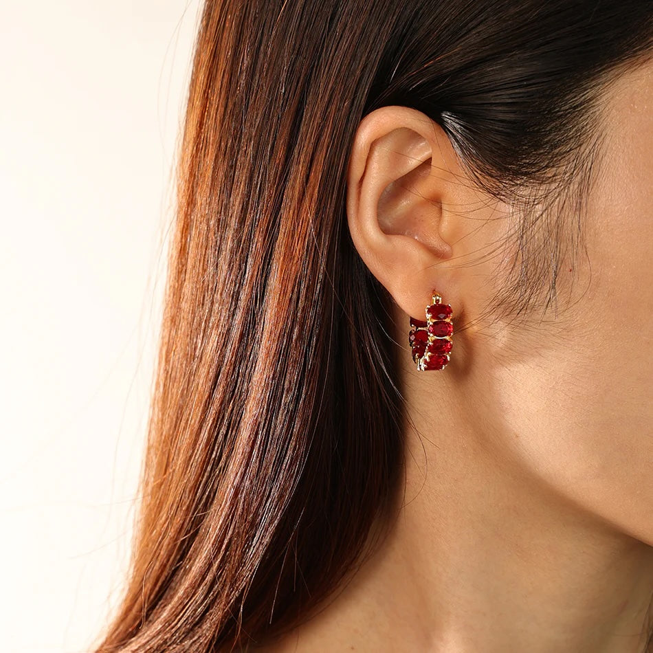 Oval Red zirconia Hoop Earring