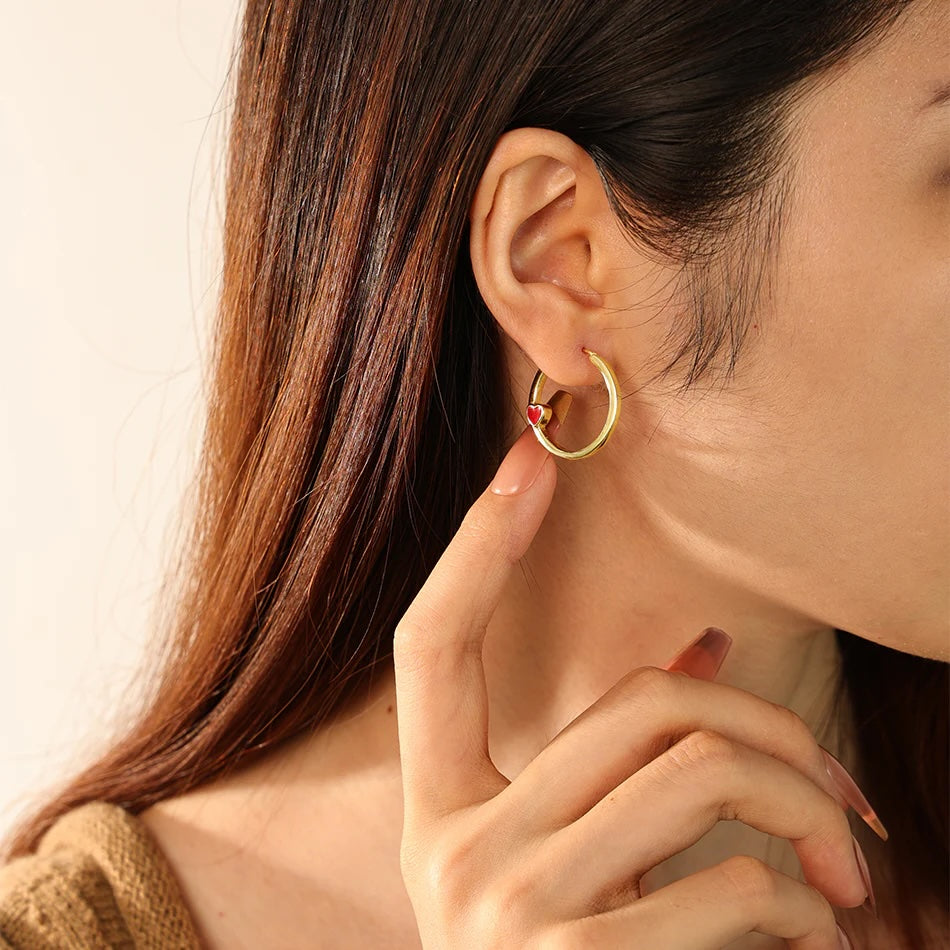 Red Enamel Heart Hoop Earring