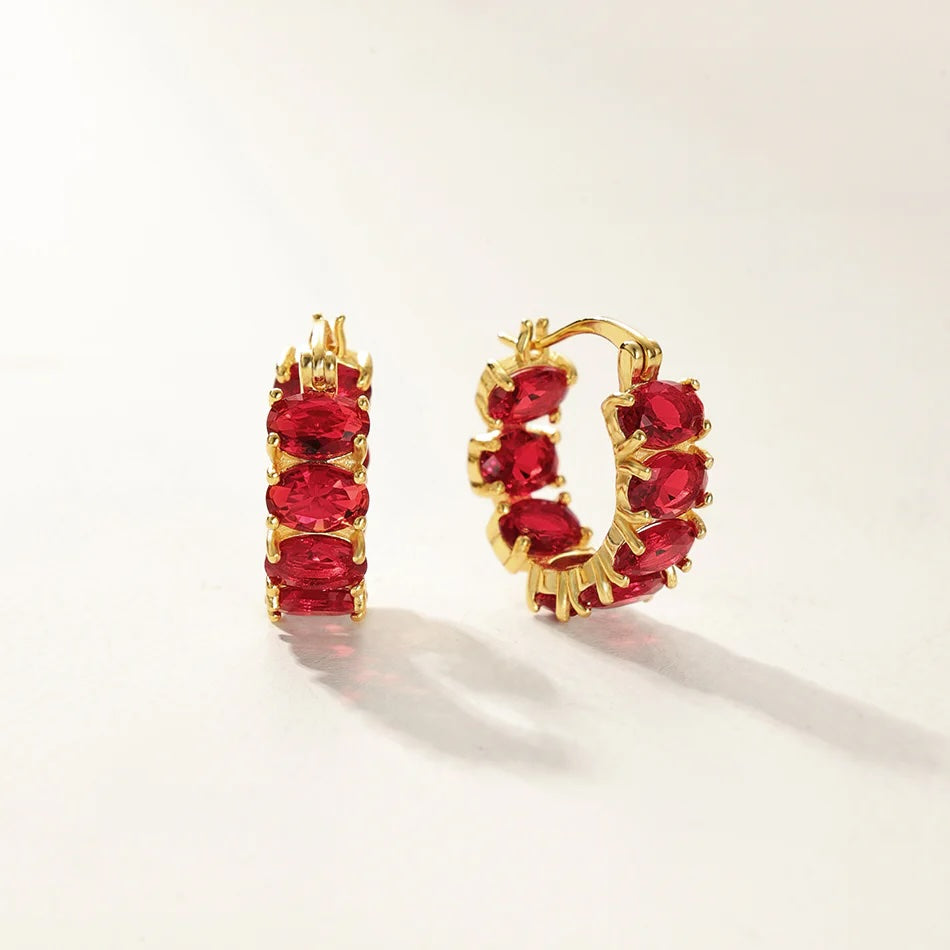 Oval Red zirconia Hoop Earring