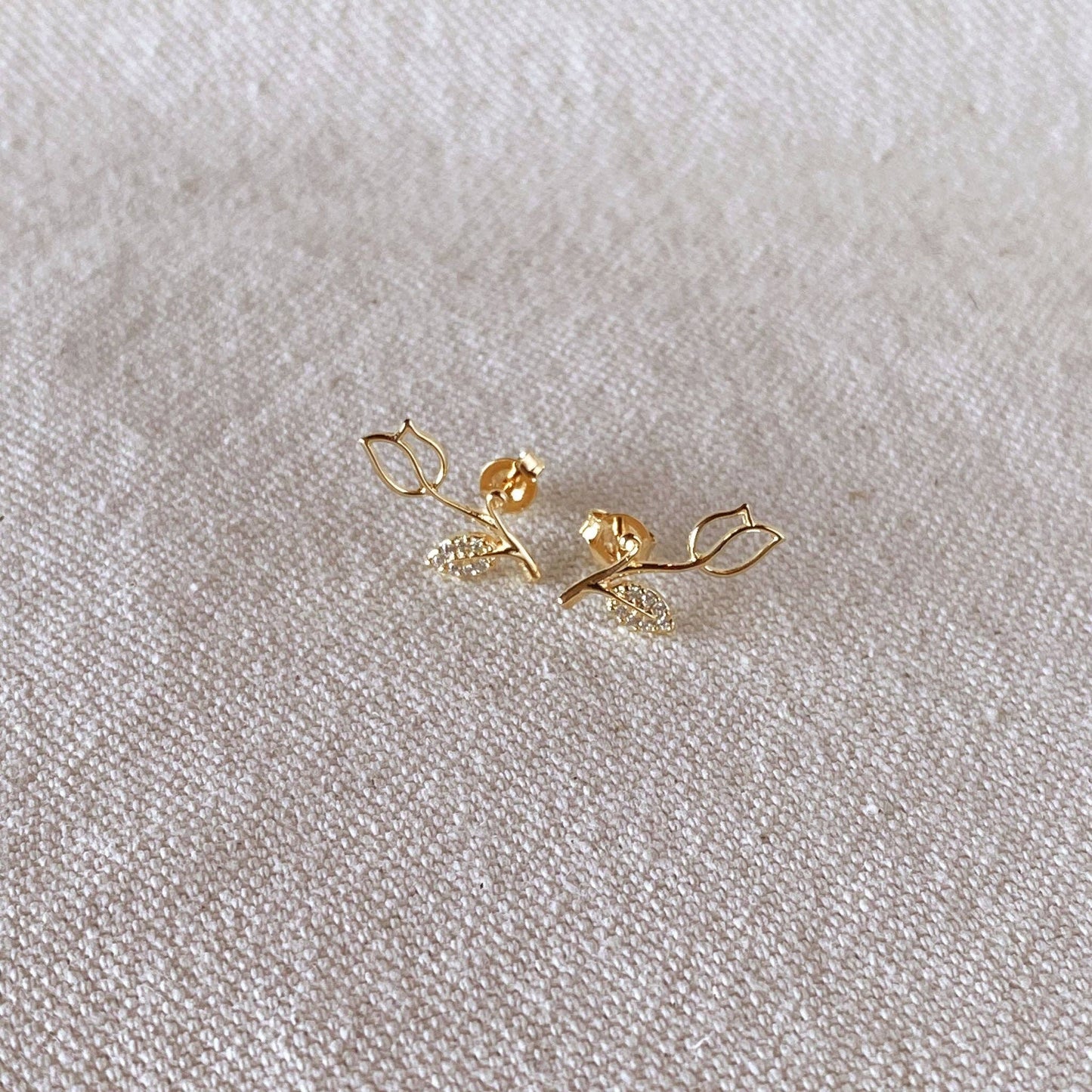 18k Gold Filled Tulip Stud Earrings With Cubic Zirconia Stones