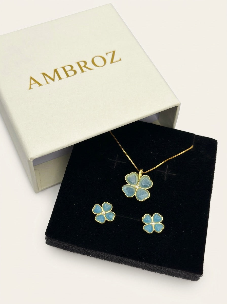 Aqua Flower Pendent Earring Set
