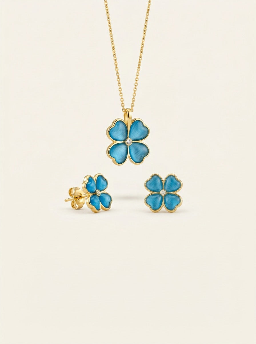 Aqua Flower Pendent Earring Set