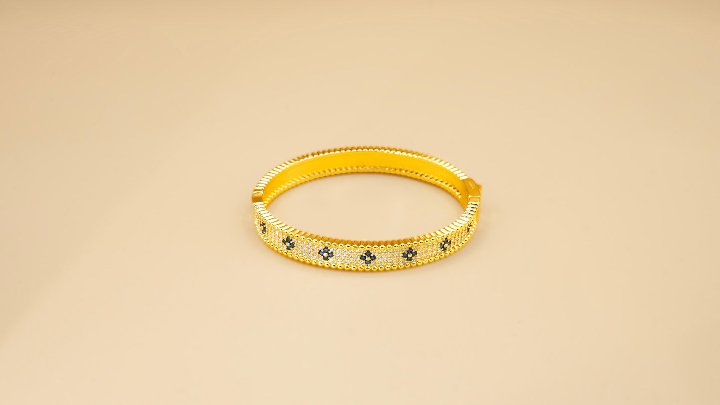 Gold Beaded Bangle With Blue Floral Accents
