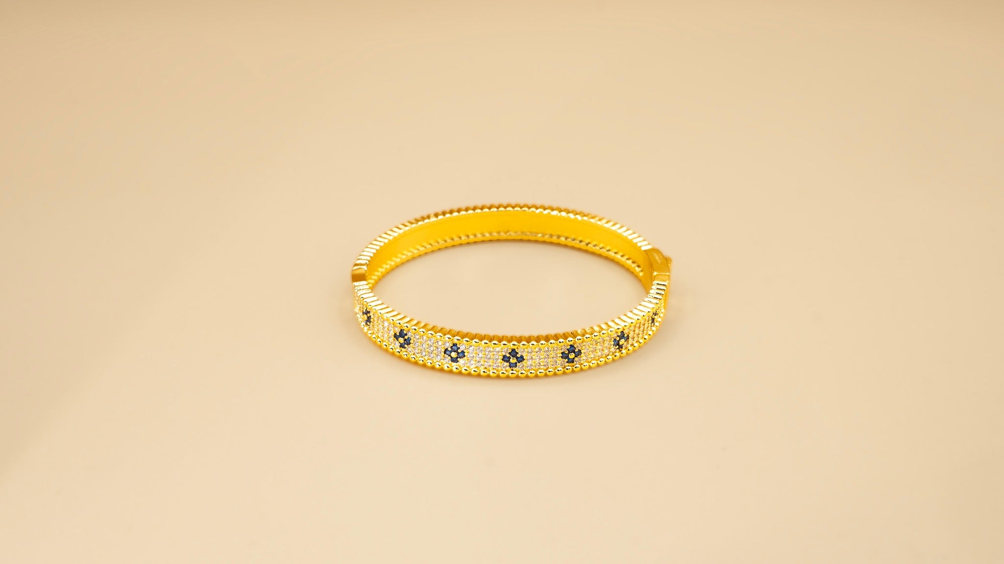 Gold Beaded Bangle With Blue Floral Accents