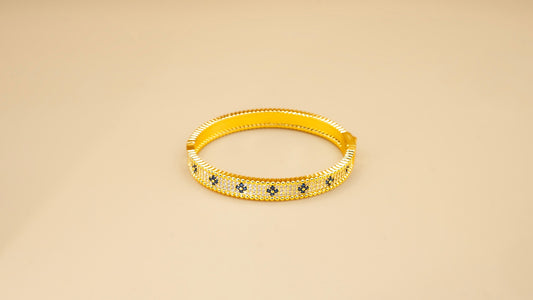 Gold Beaded Bangle With Blue Floral Accents